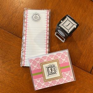 Self inking stamp “J”/ pad and note cards